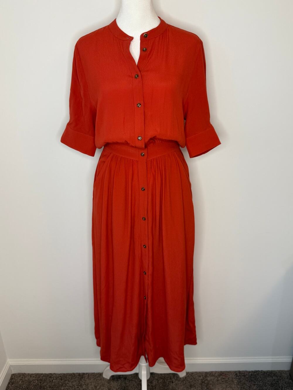 Scotch & Soda Red Orange Button Front Midi Dress